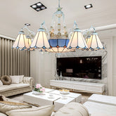 White Stained Glass Chandelier - 11 Lights Tiffany Pendant Ceiling Light with Floral & Geometric Patterns - This beautiful ceiling light is made with high quality stained glass in a Tiffany style. It has five lights and up, with a white color and blue shade.